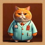 一只胖胖的橘色的猫，穿着医生的衣服