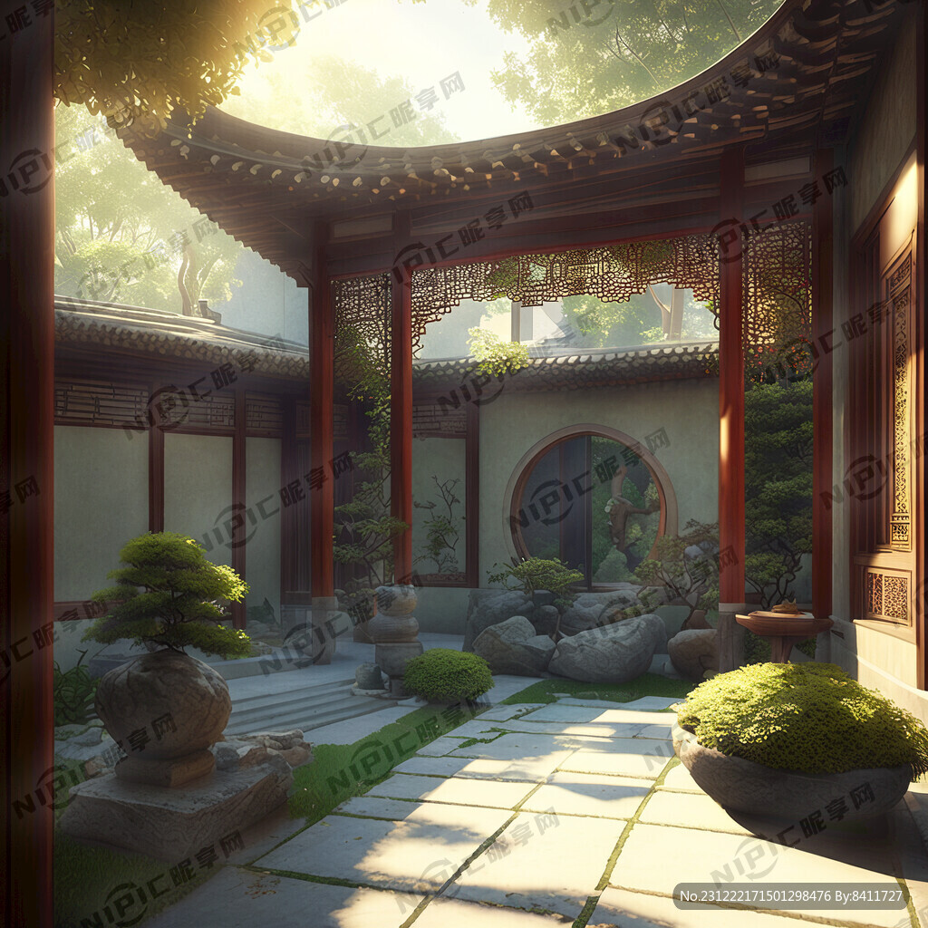 东方美学 庭院 静谧 阳光斑驳