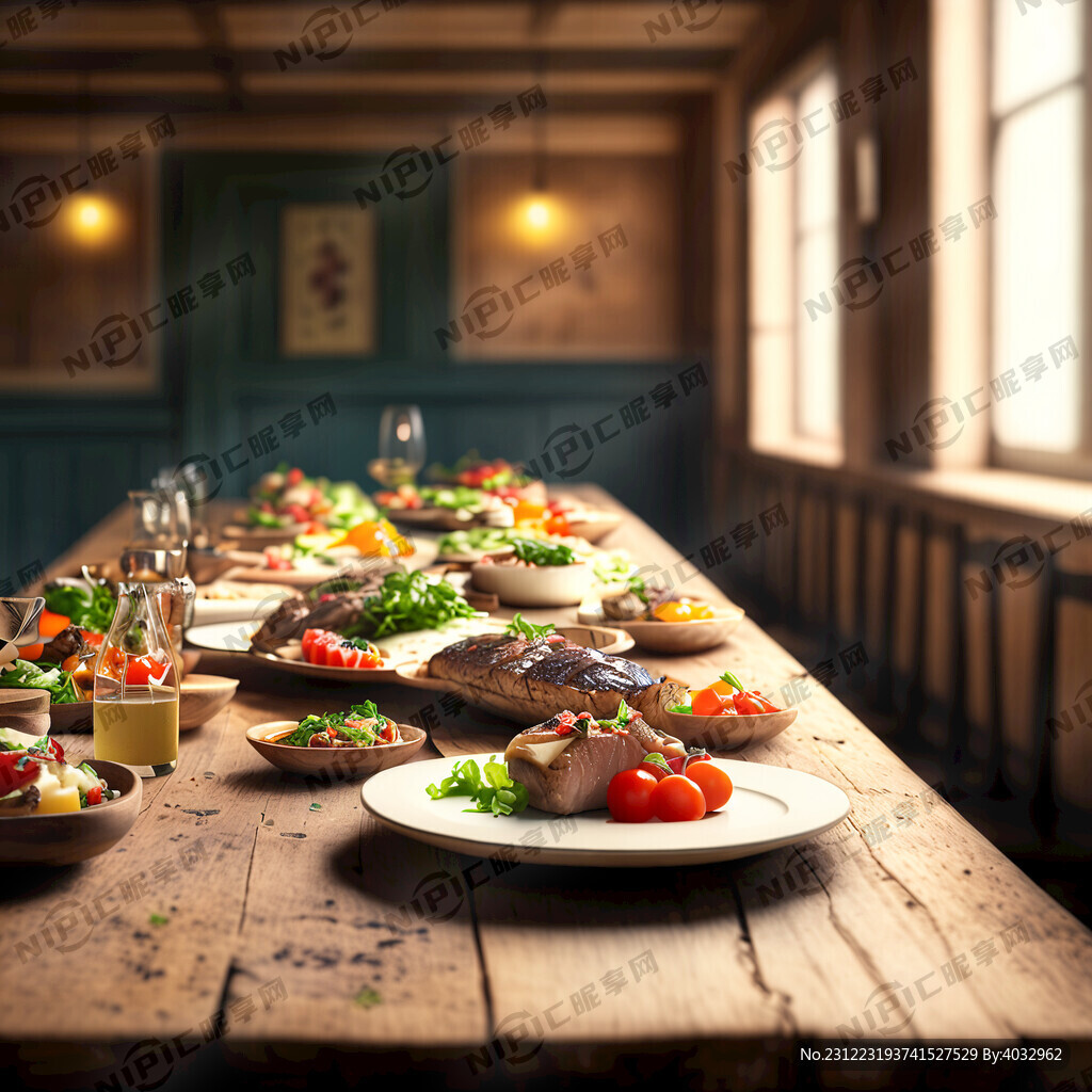 木头长桌 美食 近景 明亮光线