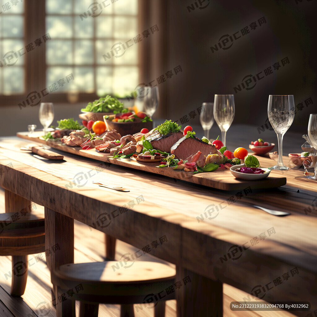 木头长桌 美食 侧面 近景