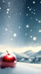 漫天飘雪的雪地上有一个透明色苹果，圣诞老人从天而降