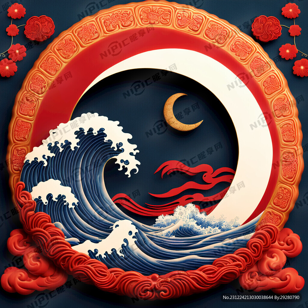 新年 红色 流心月饼 海浪纹理