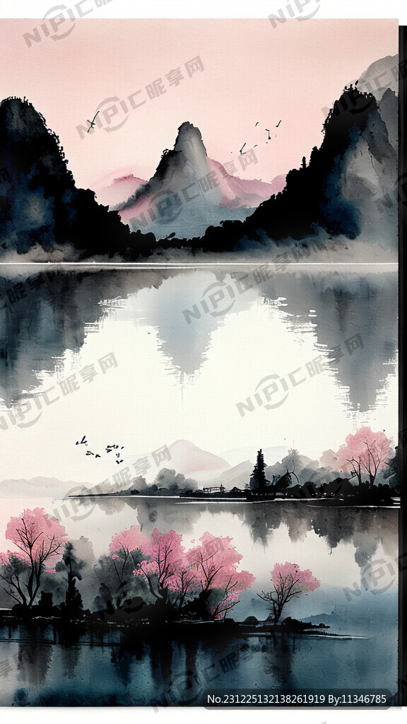 阳澄湖风光 水墨风。淡粉色