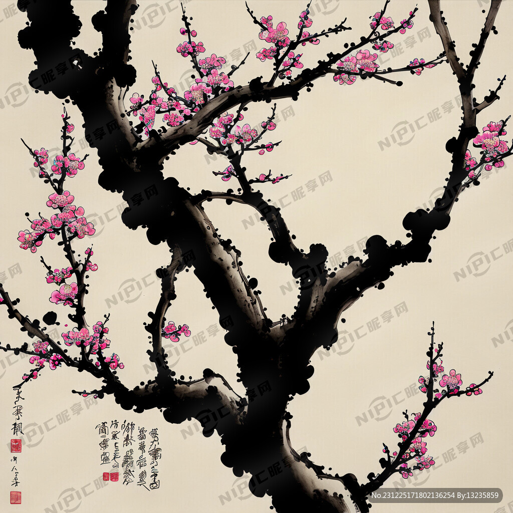 一大根梅花树枝 水墨 无花
