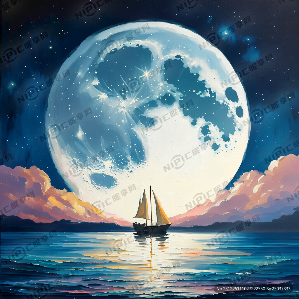 海上有船有月亮月光星空油花风格