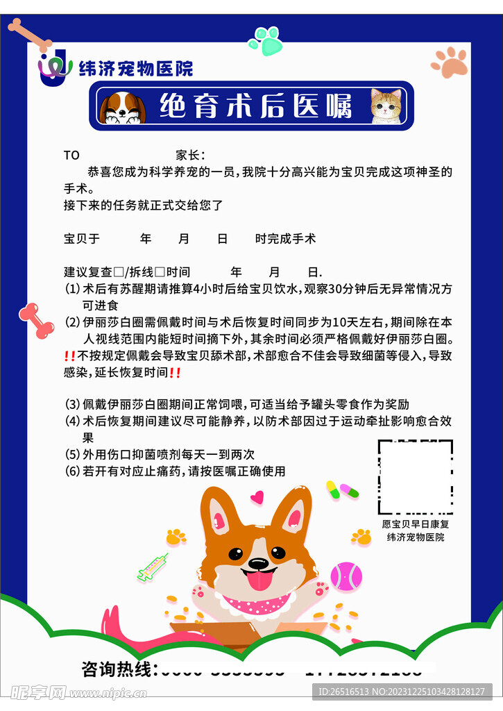 宠物绝育术后医嘱