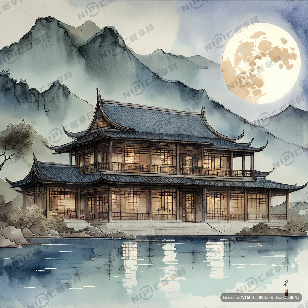 江畔映月中国古典风格的酒店招牌