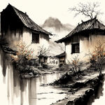 中国风农村  沧桑   意境优美  水墨风格
