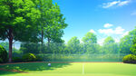 户外篮球场 绿色草地 草丛 树丛  天气晴朗 3D画面 精致