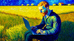 梵高坐在凳子上，半身像，看向镜头，用着笔记本电脑，平原草地，植物丰茂的春天，自然风光，星空夜景，细节丰富，画风细腻，色彩淡雅