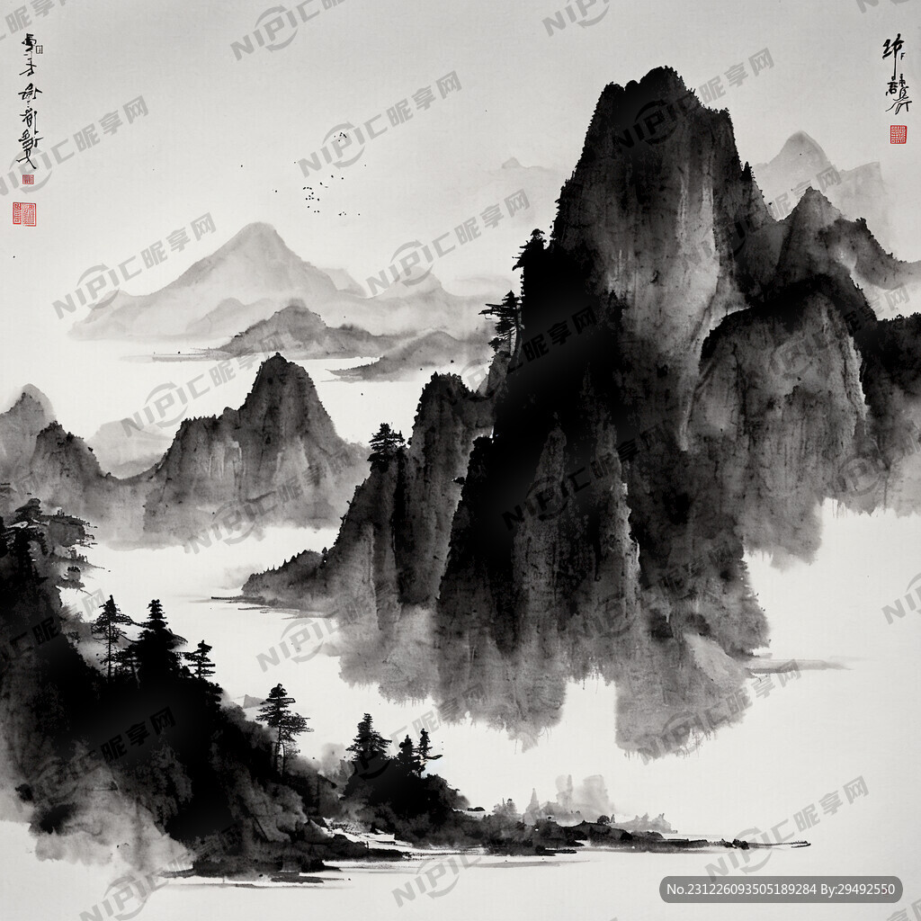 浅黑白山水水墨画