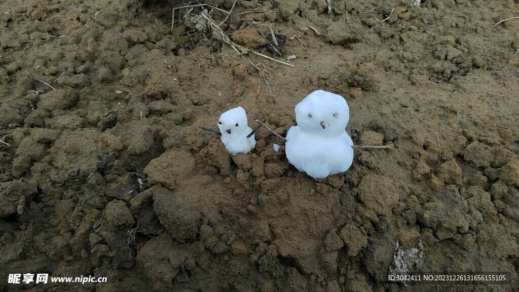 泥巴地里的两个迷你小雪人