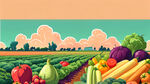 手绘插画风格，各种水果和蔬菜，视野开阔，色彩柔和，田野风