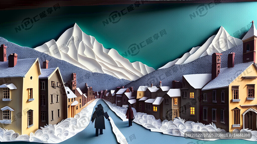城镇废墟 冬天景色 衍纸画