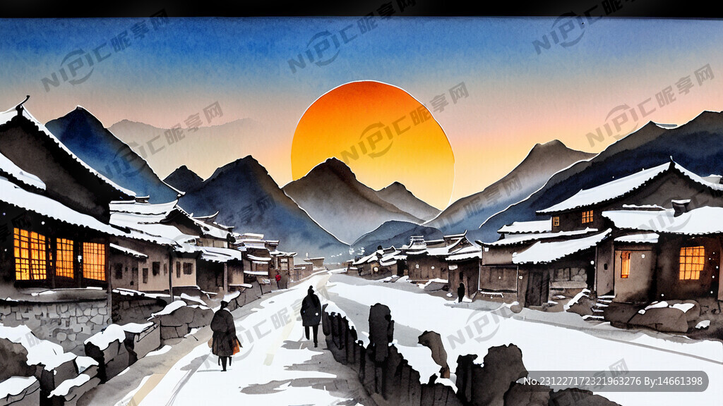 城镇废墟 冬天景色 衍纸画