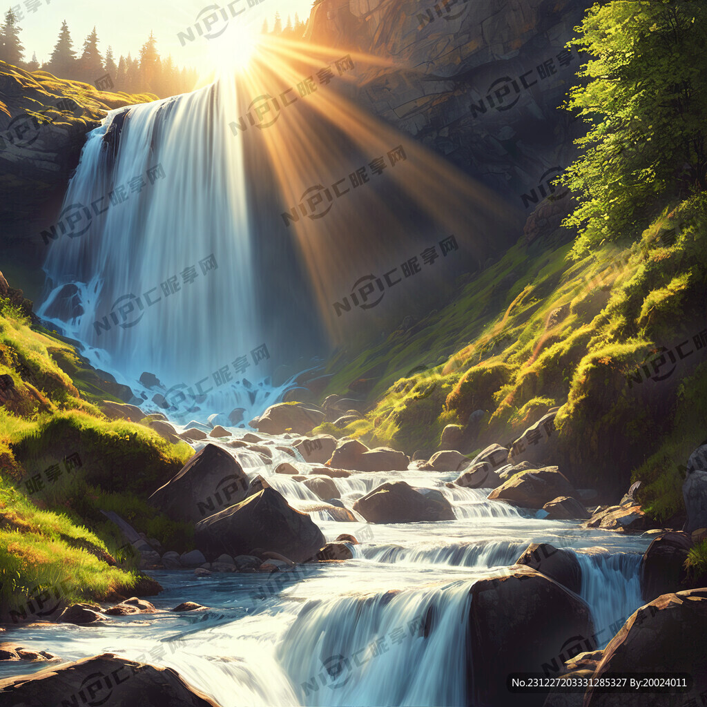 山川 瀑布 流水 太阳