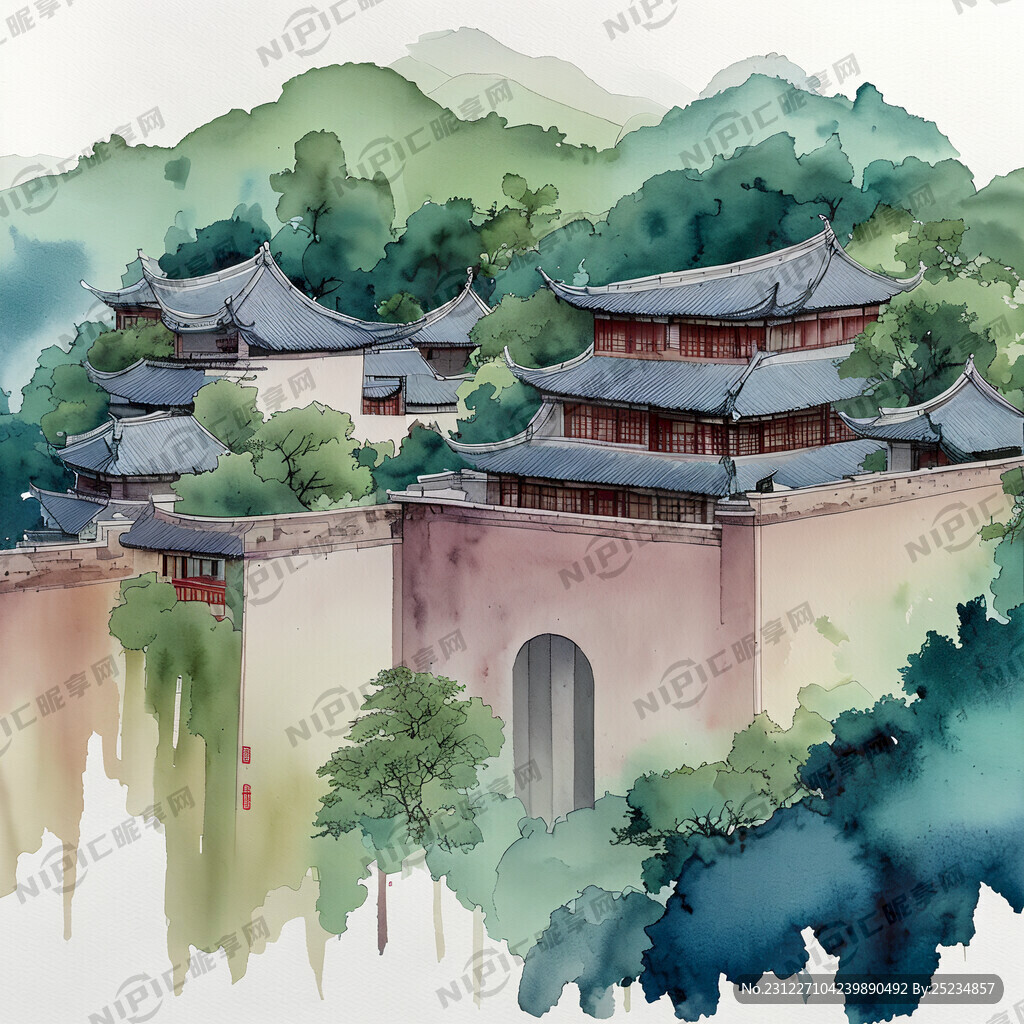 被大森林包围在围墙内小城市顶视