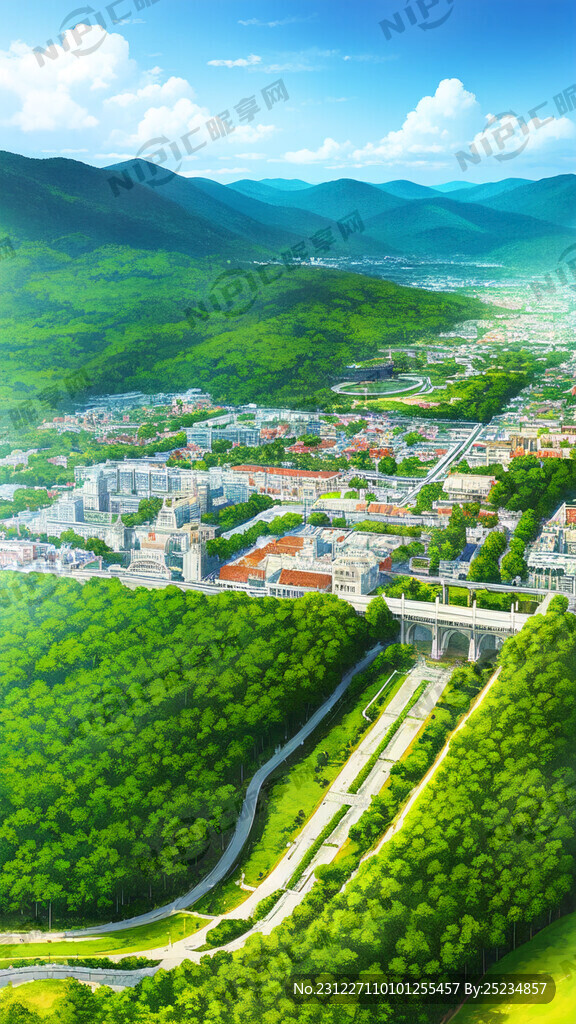 被大森林包围在围墙内小城市顶视