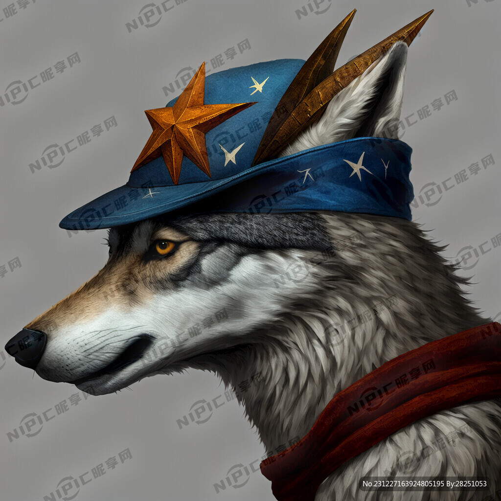 一只狼的侧头 带五角星的帽子