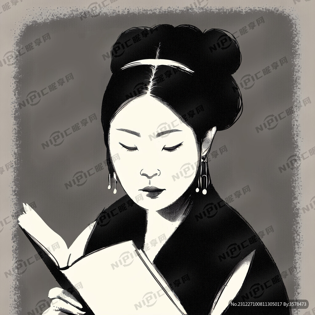 女性 读书 图标 黑白画