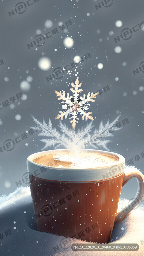雪花下的一杯热咖啡