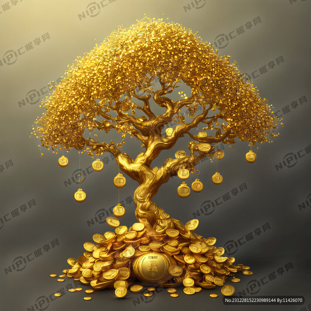 发财树 财富 金豆。金黄色