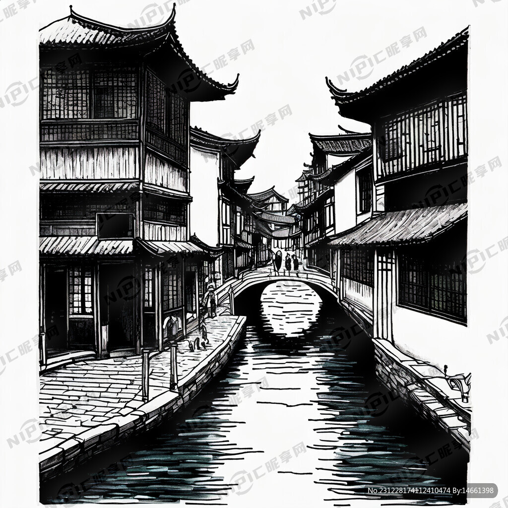 手绘简笔画 运河 小桥 宋塔