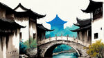 线条画   破旧的房子    小河   小桥    远处的宋塔