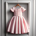 一套儿童礼服 挂在背景是纯白色墙上。礼服是粉色的，很漂亮