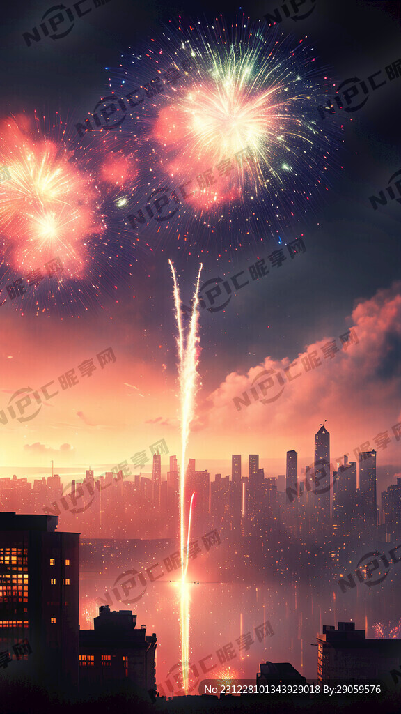 城市灯火通明 天空烟花绽放