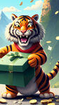 开心的老虎  钱币洒落  礼盒子在老虎肩膀上
地上有纸币堆得山