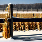 篱笆是用稻草一簇一簇围成的，篱笆上挂着一串一串的玉米，辣椒等农作物，天气刚下过雪，篱笆的稻草上也挂上了一丝雪