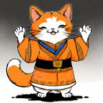 卡通的，桔色的猫，站立着，招手的，欢乐的，穿中式喜庆衣服，拟人的
