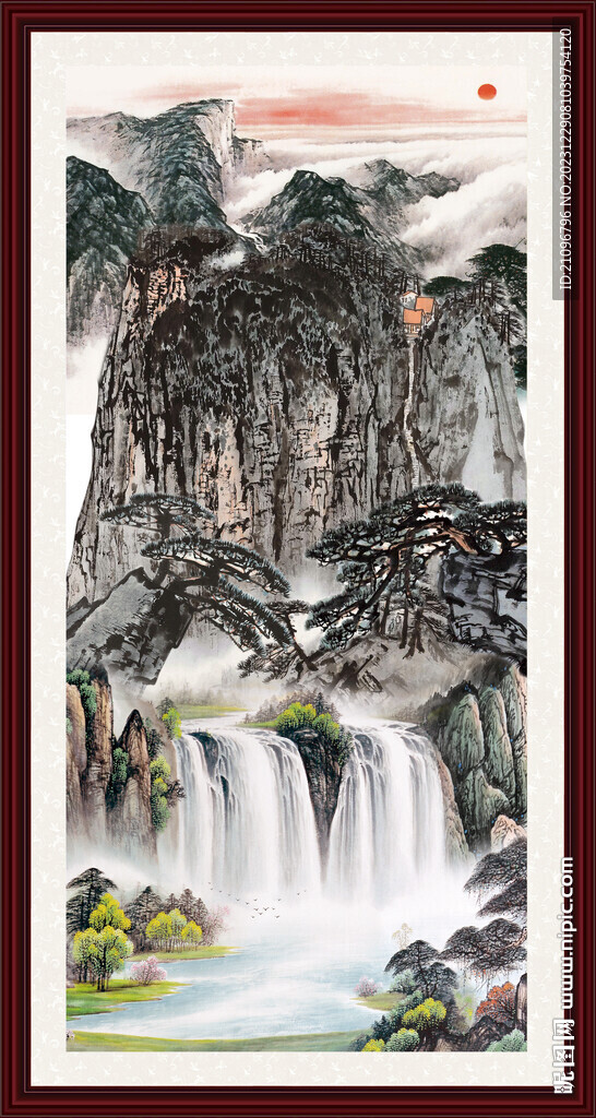 瀑布山水画 