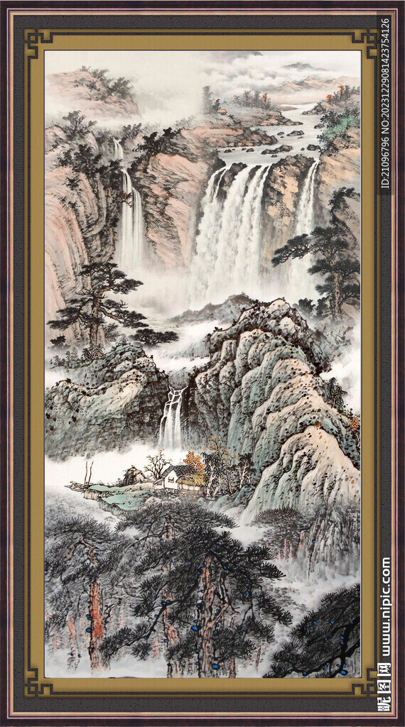 瀑布山水画 