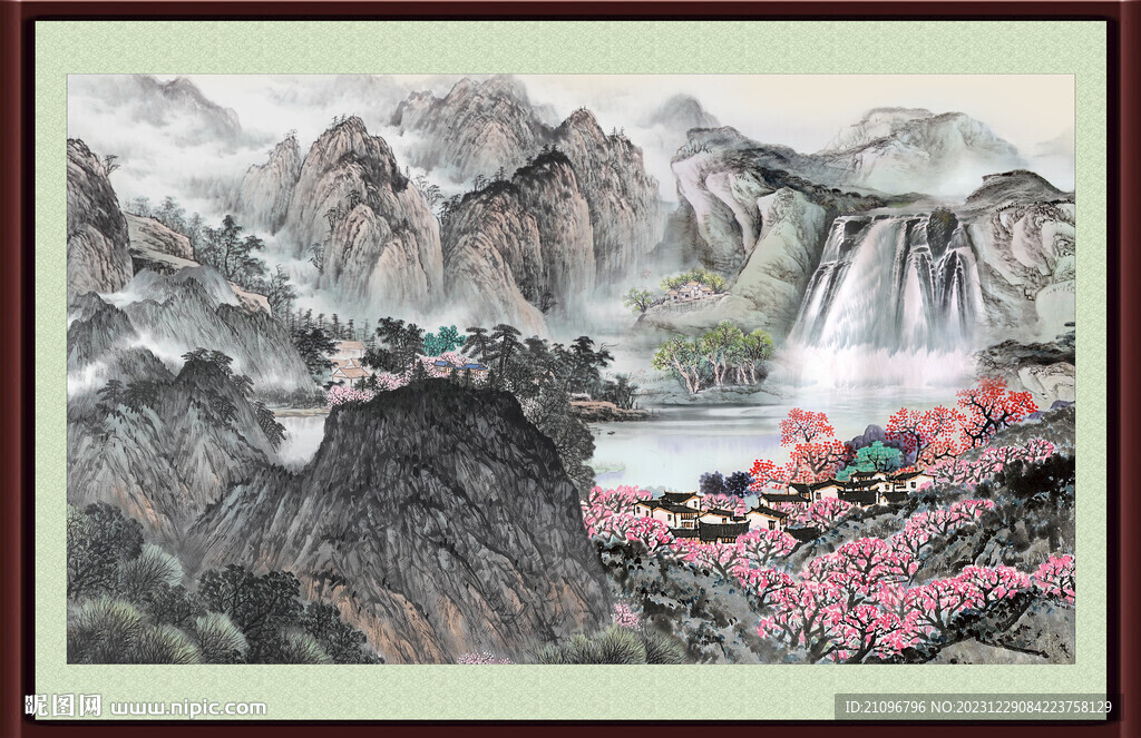 瀑布山水画 