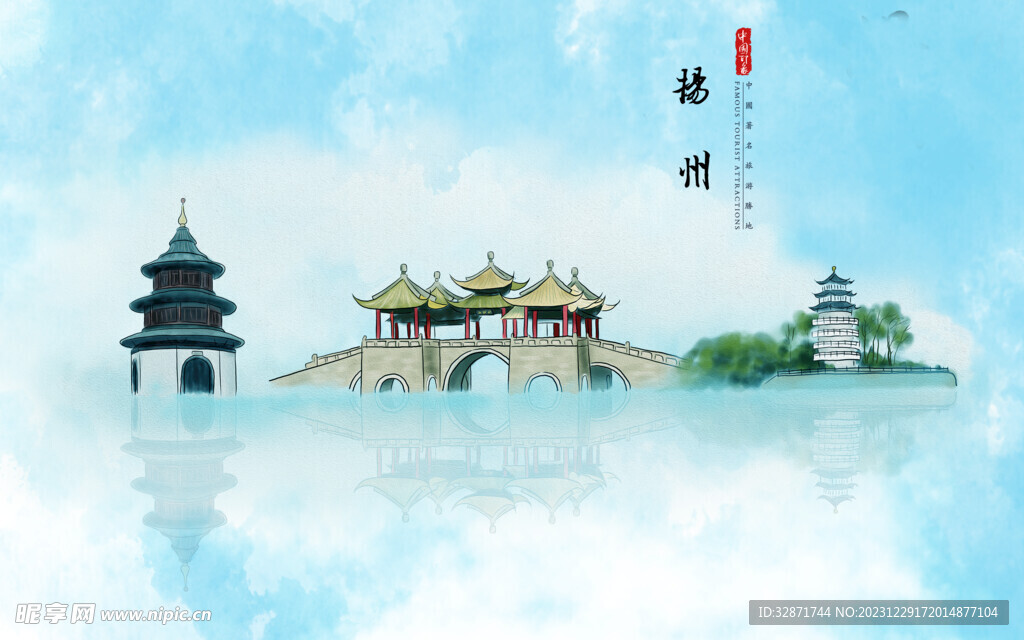 现代简约油画扬州城市建筑背景墙