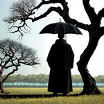 黑色披风，左手撑伞的男人，背影，面前一课枯树发芽了，晴朗天空