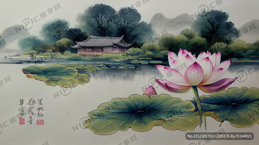 荷花手绘风景图