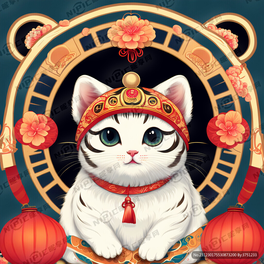 戴着虎头帽的小白猫新年喜庆