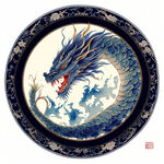 盘成圆形的中国龙 中国传统配色 清晰的轮廓 单色黑的背景 国潮配色 丰富的细节 超高清图