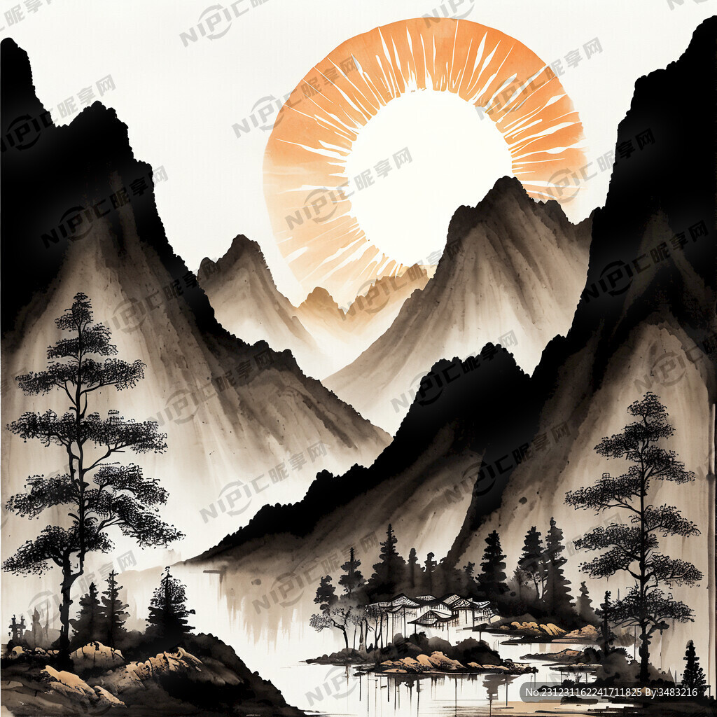 山水画  高山  流水  太阳