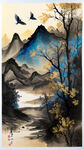 唯美中国风，原始森林，金丝燕，明亮霞光，明亮插画，中国风