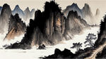 画面远景有大山，中景有矿山和水 ，都要有树木，近景有矿石，整体效果具有中国古代矿场，像照片一样