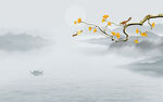 中式银杏花鸟山水背景