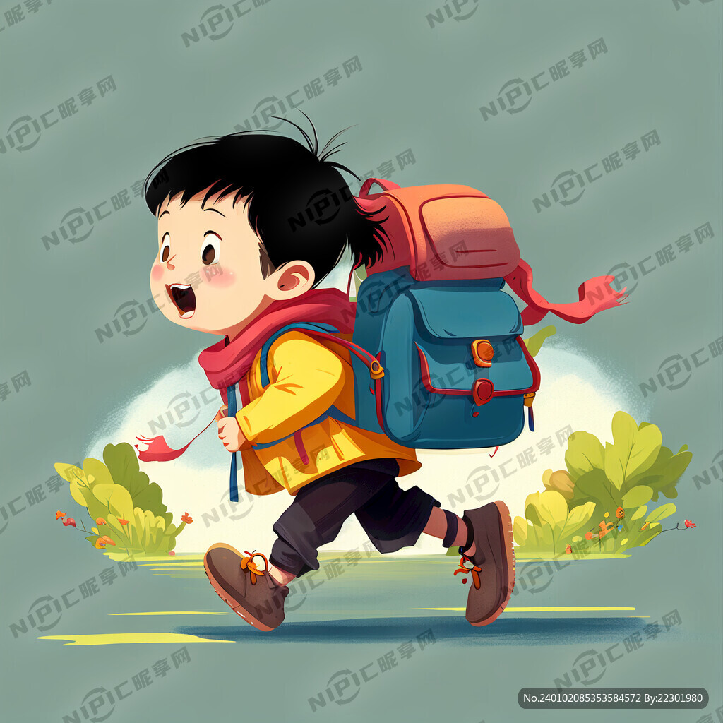 小朋友拿书包奔跑
