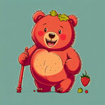 卡通桃红色熊微笑着 左手拄着拐杖，右手那这草莓  熊的肚子上有浅咖色爱心