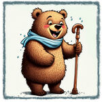 卡通毛茸茸的熊 微笑着，左手拄着拐杖，右手拿着湿巾，非常的帅气