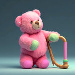毛茸玩具熊左手拄着拐杖 ，熊的颜色是粉红色的
