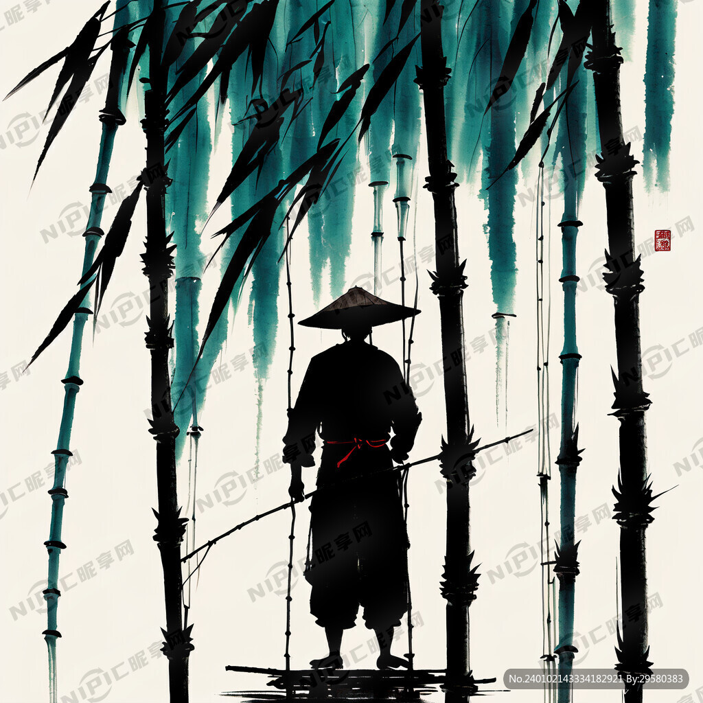 渔夫站在竹排上撒网剪影